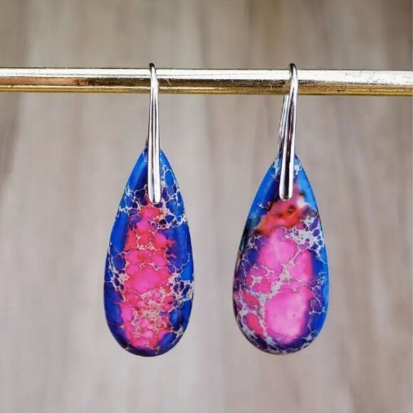 ✨🆕✨💘Exquisite BoHo Emperor Stone Blue & Pink S925 Plated Gems Dangle Earrings✨ - Picture 1 of 12